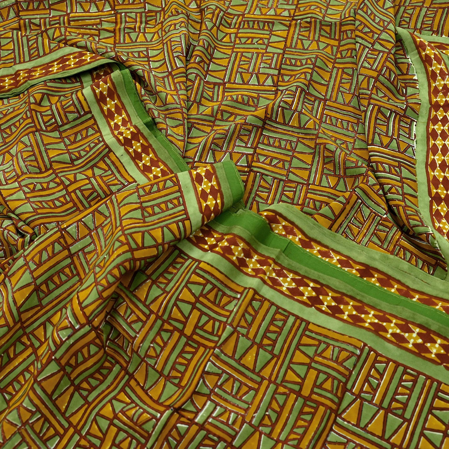 Indian Vintage Sari Green & Saffron Pure Crepe Silk Printed Sarees 5yd Sewing Floral Soft Craft Fabric Wrap Dress Making Crafting Quilting