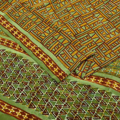 Indian Vintage Sari Green & Saffron Pure Crepe Silk Printed Sarees 5yd Sewing Floral Soft Craft Fabric Wrap Dress Making Crafting Quilting