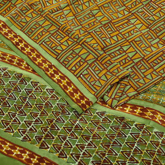 Indian Vintage Sari Green & Saffron Pure Crepe Silk Printed Sarees 5yd Sewing Floral Soft Craft Fabric Wrap Dress Making Crafting Quilting