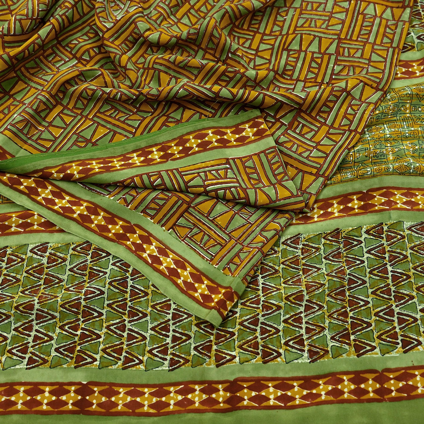 Indian Vintage Sari Green & Saffron Pure Crepe Silk Printed Sarees 5yd Sewing Floral Soft Craft Fabric Wrap Dress Making Crafting Quilting