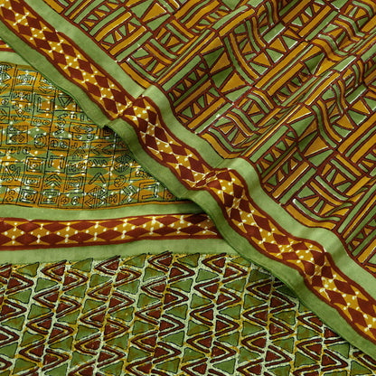 Indian Vintage Sari Green & Saffron Pure Crepe Silk Printed Sarees 5yd Sewing Floral Soft Craft Fabric Wrap Dress Making Crafting Quilting