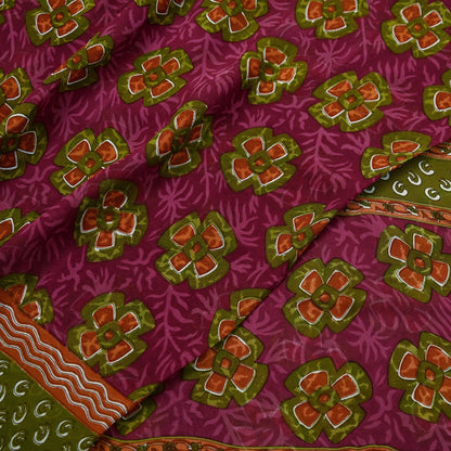 Women Vintage Sari Green & Pink Pure Georgette Silk Printed Saree Craft Fabric Sewing 5Yd Soft Light Dress Making Floral Quilting Upcycle