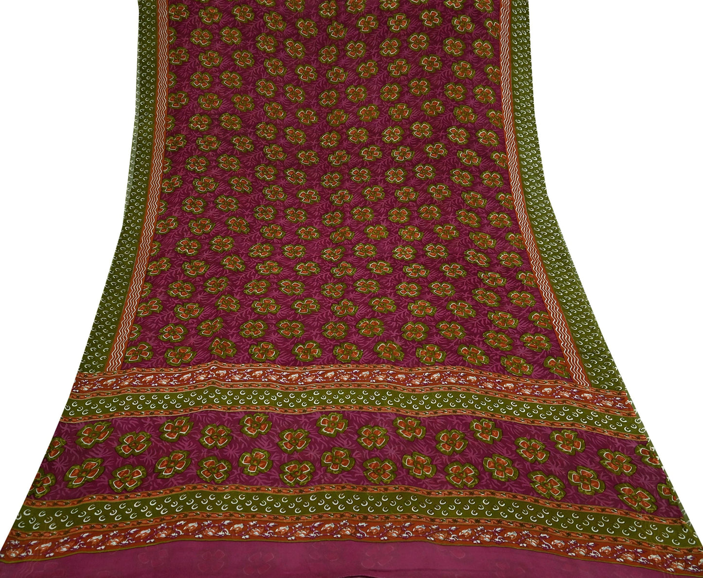 Women Vintage Sari Green & Pink Pure Georgette Silk Printed Saree Craft Fabric Sewing 5Yd Soft Light Dress Making Floral Quilting Upcycle