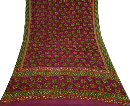 Women Vintage Sari Green & Pink Pure Georgette Silk Printed Saree Craft Fabric Sewing 5Yd Soft Light Dress Making Floral Quilting Upcycle