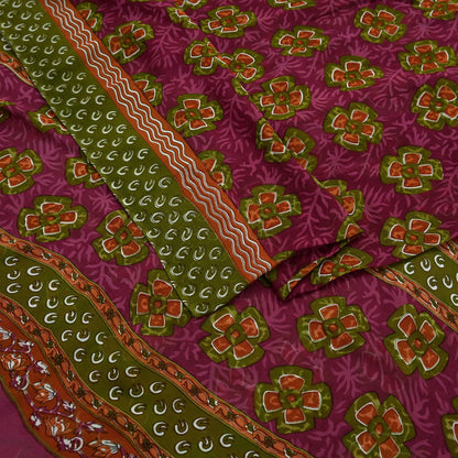 Women Vintage Sari Green & Pink Pure Georgette Silk Printed Saree Craft Fabric Sewing 5Yd Soft Light Dress Making Floral Quilting Upcycle