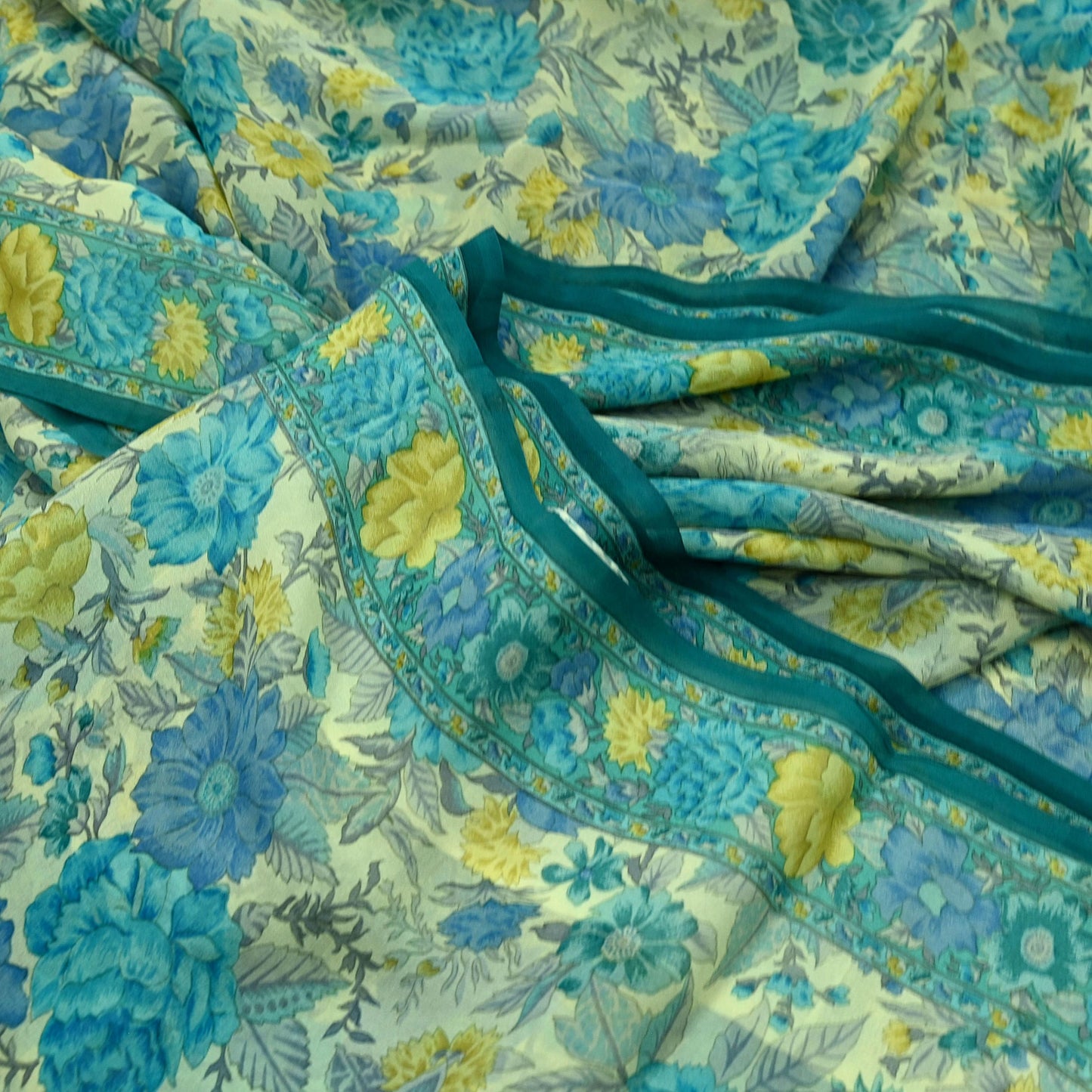 Women Vintage Sari Ivory & Green 100% Pure Georgette Silk Block Printed Saree Craft Fabric Sewing 5Yd Soft Dress Making Quilting Upcycle