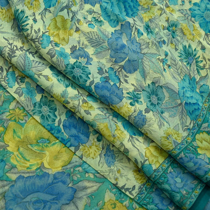 Women Vintage Sari Ivory & Green 100% Pure Georgette Silk Block Printed Saree Craft Fabric Sewing 5Yd Soft Dress Making Quilting Upcycle