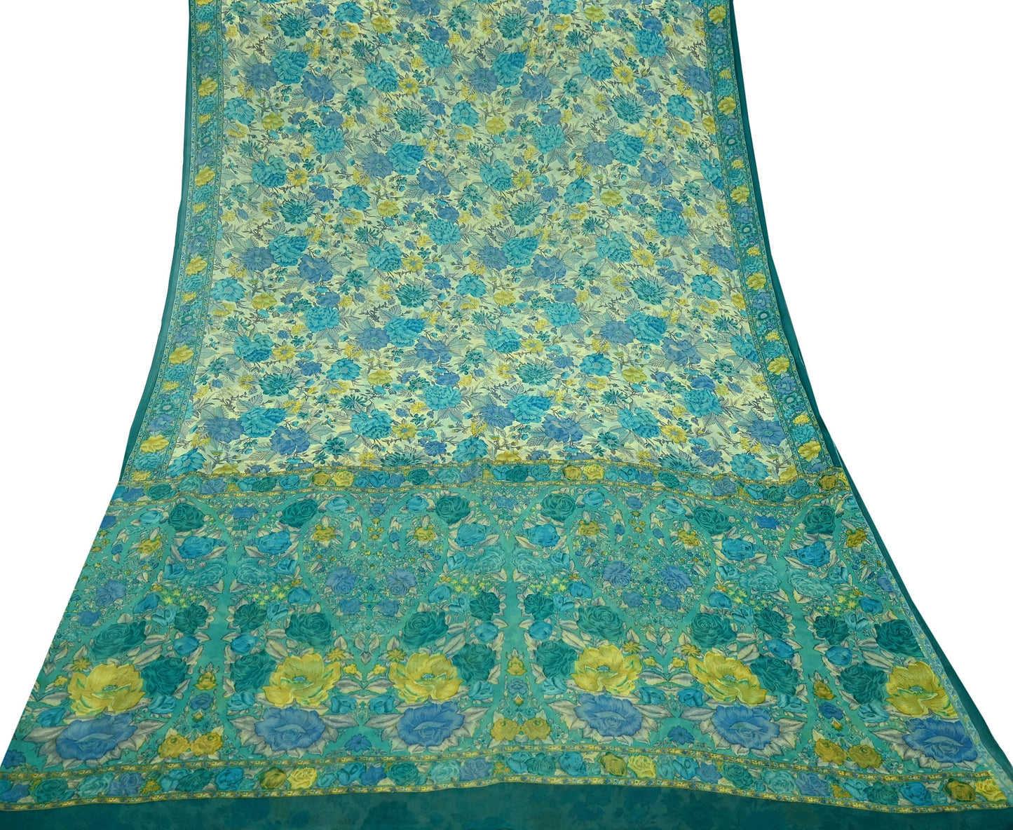 Women Vintage Sari Ivory & Green 100% Pure Georgette Silk Block Printed Saree Craft Fabric Sewing 5Yd Soft Dress Making Quilting Upcycle