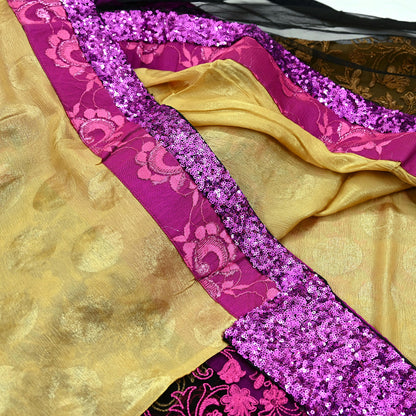 Indian Vintage Sari Black & Beige Pure  Silk Net Hand Beaded Sarees Fabric 6Yd Sewing Ethnic Dress making Quilting Bollywood