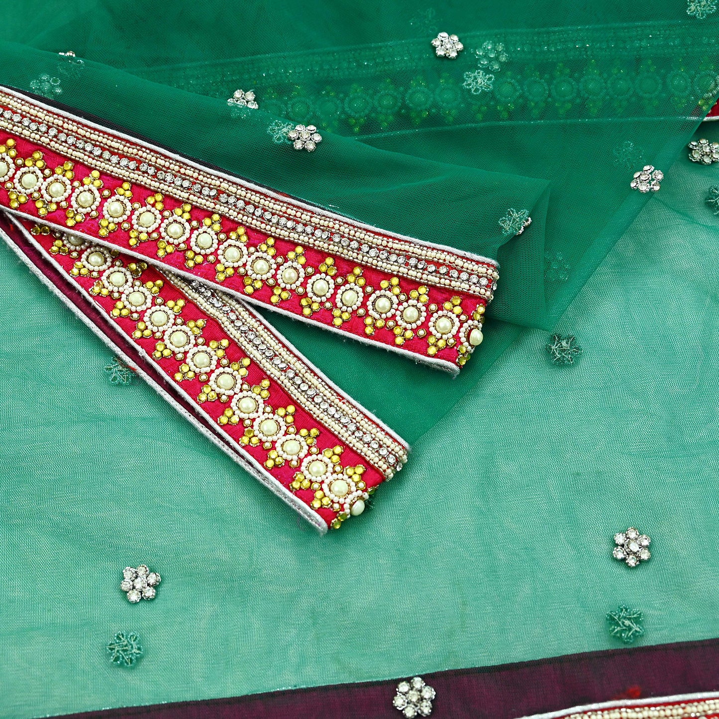 Indian Vintage Heavy Bridal Dupatta Green Net Mesh Long Stole Hand Embroidered Scarf Zardozi Zari Sequins Wedding/Party wear hijab veil