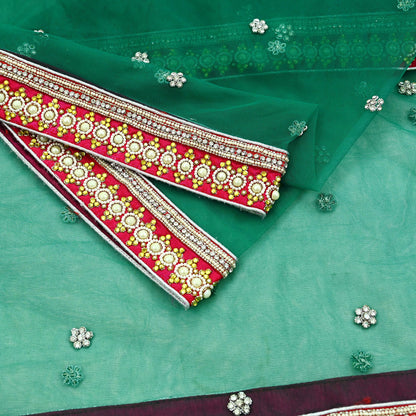 Indian Vintage Heavy Bridal Dupatta Green Net Mesh Long Stole Hand Embroidered Scarf Zardozi Zari Sequins Wedding/Party wear hijab veil