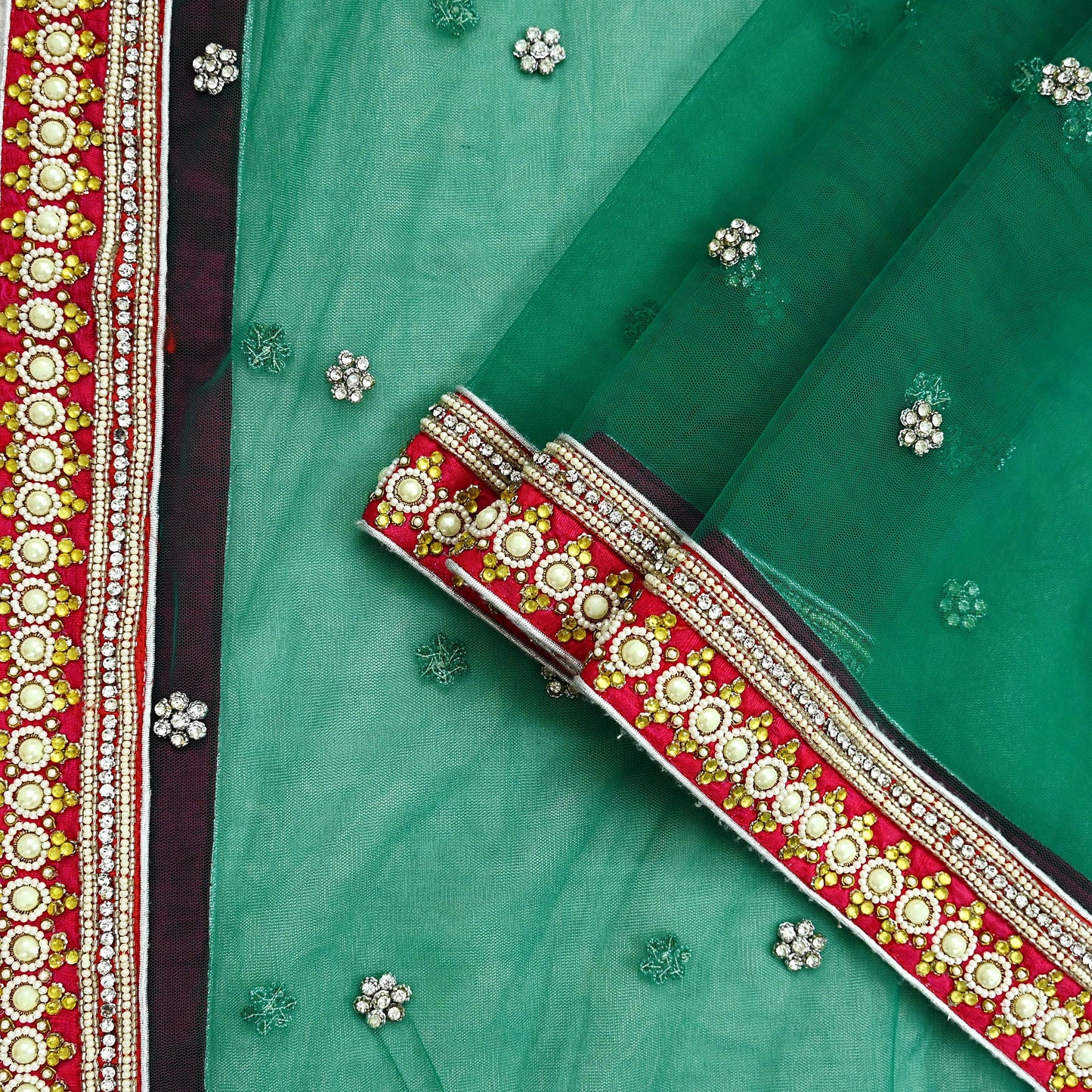 Indian Vintage Heavy Bridal Dupatta Green Net Mesh Long Stole Hand Embroidered Scarf Zardozi Zari Sequins Wedding/Party wear hijab veil