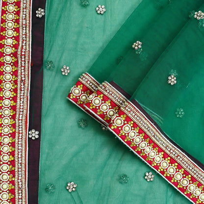 Indian Vintage Heavy Bridal Dupatta Green Net Mesh Long Stole Hand Embroidered Scarf Zardozi Zari Sequins Wedding/Party wear hijab veil