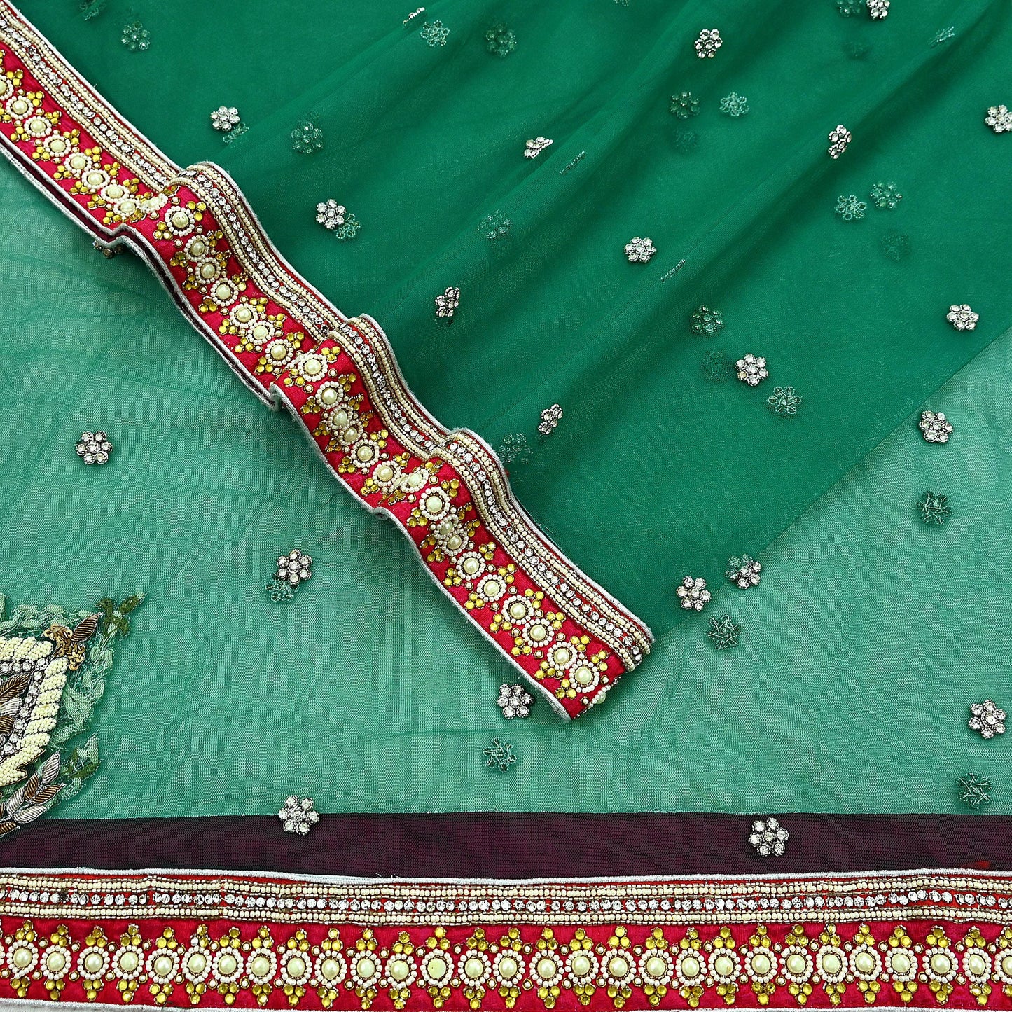 Indian Vintage Heavy Bridal Dupatta Green Net Mesh Long Stole Hand Embroidered Scarf Zardozi Zari Sequins Wedding/Party wear hijab veil