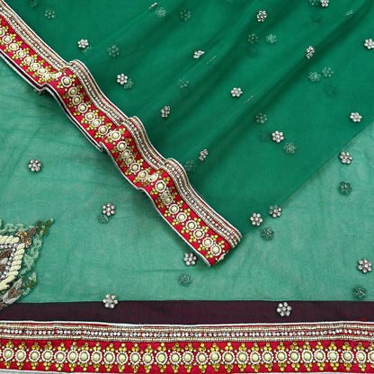 Indian Vintage Heavy Bridal Dupatta Green Net Mesh Long Stole Hand Embroidered Scarf Zardozi Zari Sequins Wedding/Party wear hijab veil