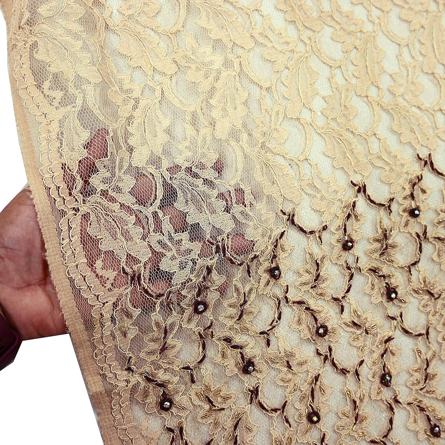 Indian Vintage Heavy Dupatta Beige Net Mesh Long Stole Hand Embroidered Scarves Zardozi/Dabka Zari Sequins Wedding Hijab Veil