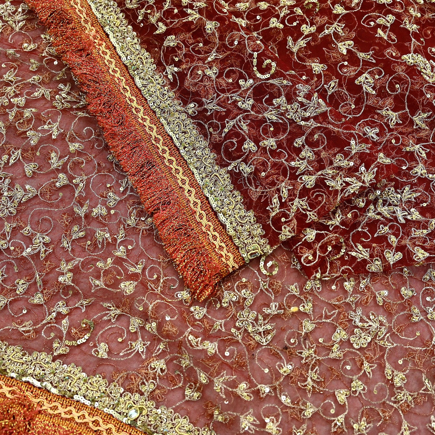 Indian Vintage Heavy Bridal Red Dupatta Net Mesh Long Stole Hand Embroidered Scarves Zardozi Dabka Zari Wedding dupatta veil hijab Fringes