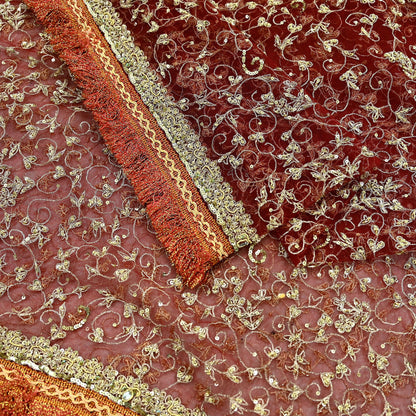 Indian Vintage Heavy Bridal Red Dupatta Net Mesh Long Stole Hand Embroidered Scarves Zardozi Dabka Zari Wedding dupatta veil hijab Fringes