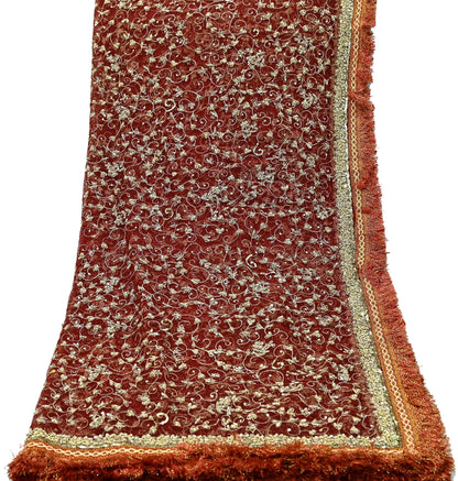 Indian Vintage Heavy Bridal Red Dupatta Net Mesh Long Stole Hand Embroidered Scarves Zardozi Dabka Zari Wedding dupatta veil hijab Fringes