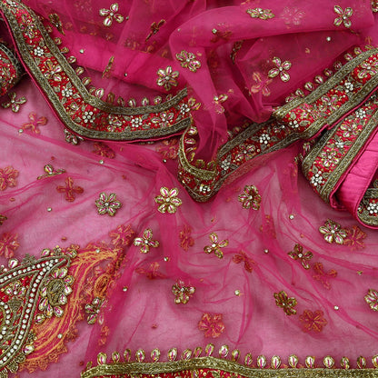 FREE SHIPPING Indian Vintage Heavy Pink Dupatta Net Mesh Long Stole Hand Embroidered Scarf Golden Zardozi Zari Glass Beaded Stole