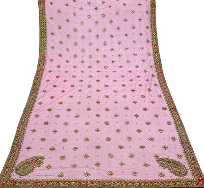 FREE SHIPPING Indian Vintage Heavy Pink Dupatta Net Mesh Long Stole Hand Embroidered Scarf Golden Zardozi Zari Glass Beaded Stole