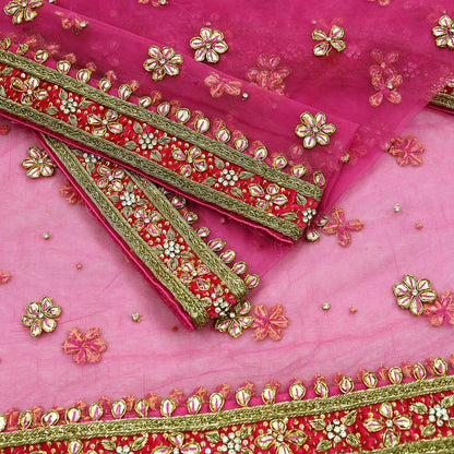 FREE SHIPPING Indian Vintage Heavy Pink Dupatta Net Mesh Long Stole Hand Embroidered Scarf Golden Zardozi Zari Glass Beaded Stole