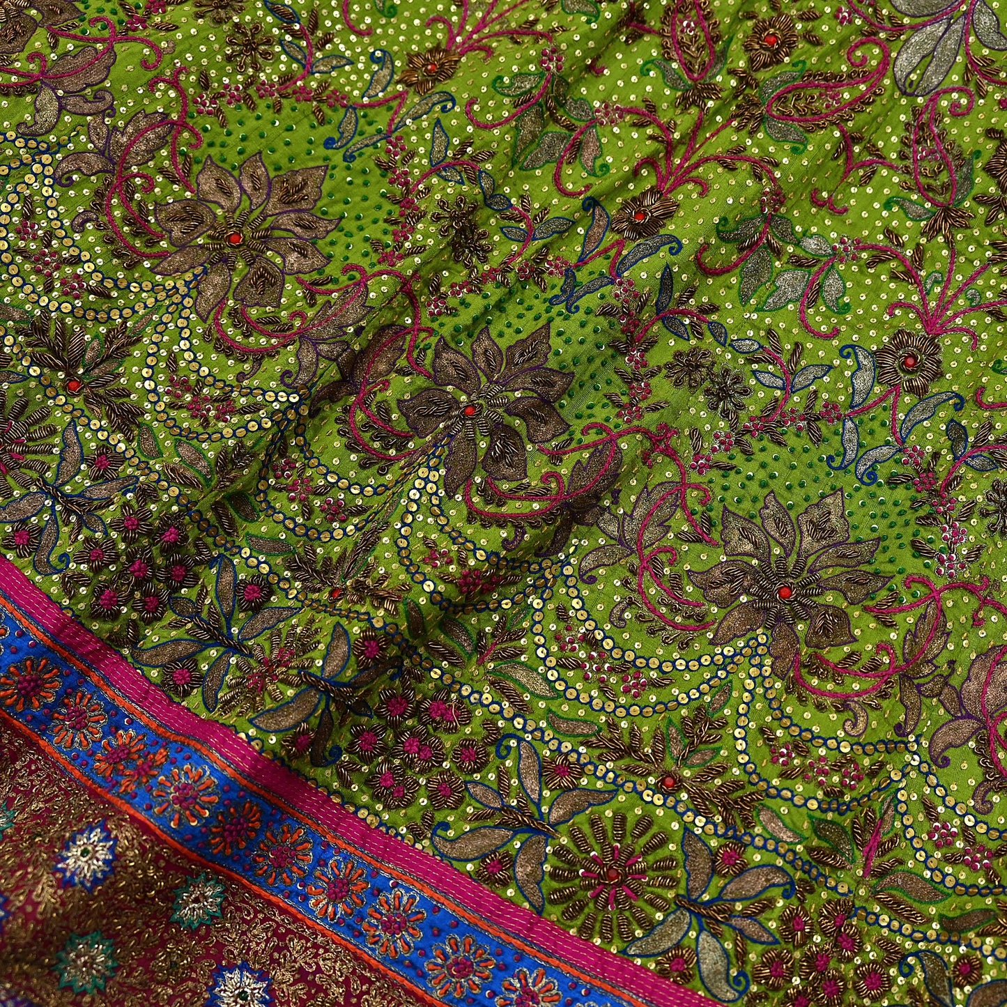Indian Pre-owned Green Pure Silk Hand Embroidered Ritu Kumar Designer Lehenga/Skirt Ethnic Bollywood Party Wear