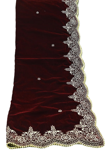 Indian Vintage Heavy Wedding Maroon Dupatta Velvet Long Stole Hand Embroidered Scarves Zari Hijab Veil Wrap Bridal Dupatta