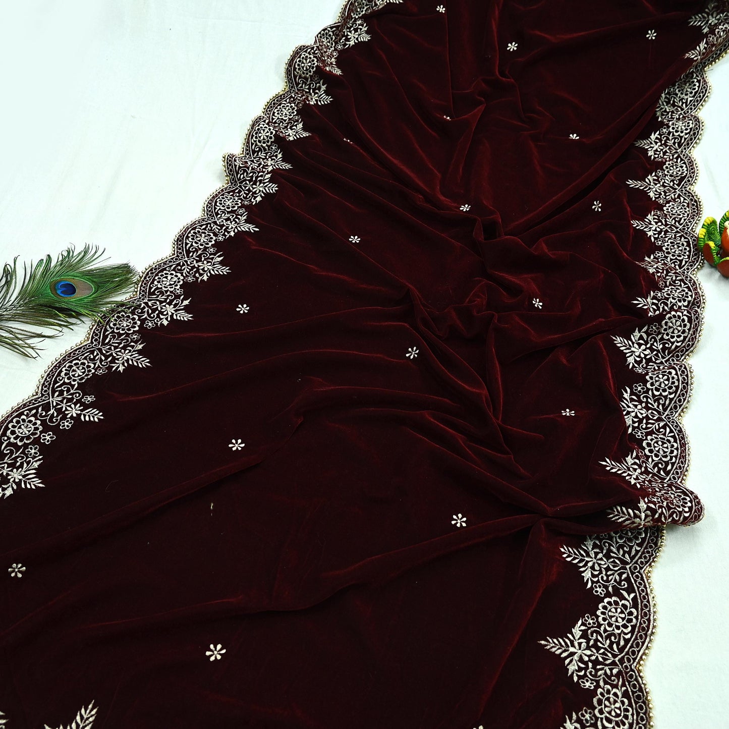 Indian Vintage Heavy Wedding Maroon Dupatta Velvet Long Stole Hand Embroidered Scarves Zari Hijab Veil Wrap Bridal Dupatta