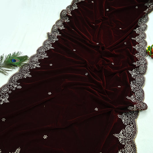Indian Vintage Heavy Wedding Maroon Dupatta Velvet Long Stole Hand Embroidered Scarves Zari Hijab Veil Wrap Bridal Dupatta