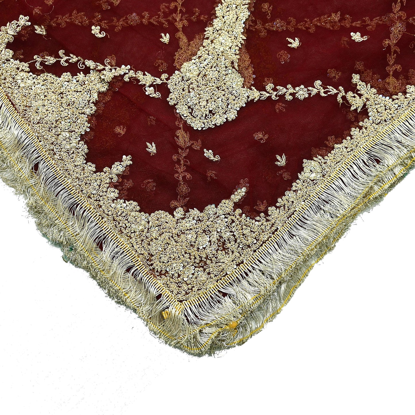 Indian Vintage Heavy Wedding Maroon Dupatta Net Mesh Long Stole Hand Embroidered Scarves Golden Zardozi Zari Sequins Dridal Veil Hijab