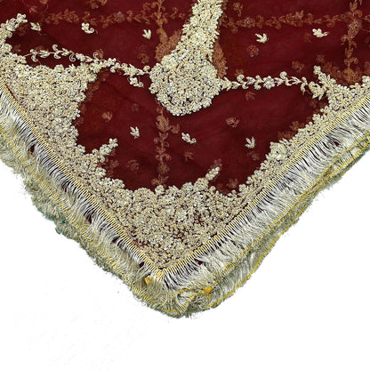 Indian Vintage Heavy Wedding Maroon Dupatta Net Mesh Long Stole Hand Embroidered Scarves Golden Zardozi Zari Sequins Dridal Veil Hijab