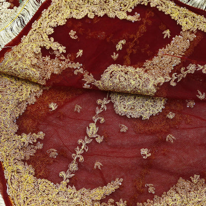 Indian Vintage Heavy Wedding Maroon Dupatta Net Mesh Long Stole Hand Embroidered Scarves Golden Zardozi Zari Sequins Dridal Veil Hijab