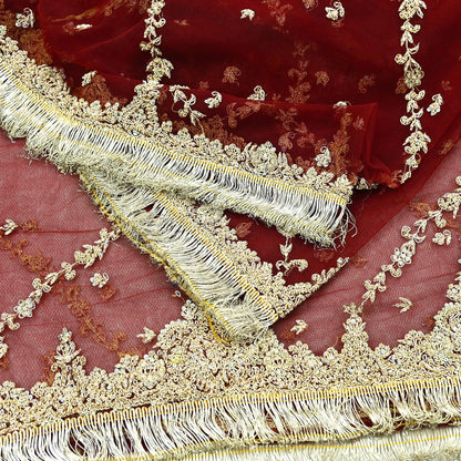 Indian Vintage Heavy Wedding Maroon Dupatta Net Mesh Long Stole Hand Embroidered Scarves Golden Zardozi Zari Sequins Dridal Veil Hijab