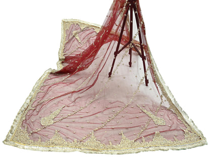 Indian Vintage Heavy Wedding Maroon Dupatta Net Mesh Long Stole Hand Embroidered Scarves Golden Zardozi Zari Sequins Dridal Veil Hijab
