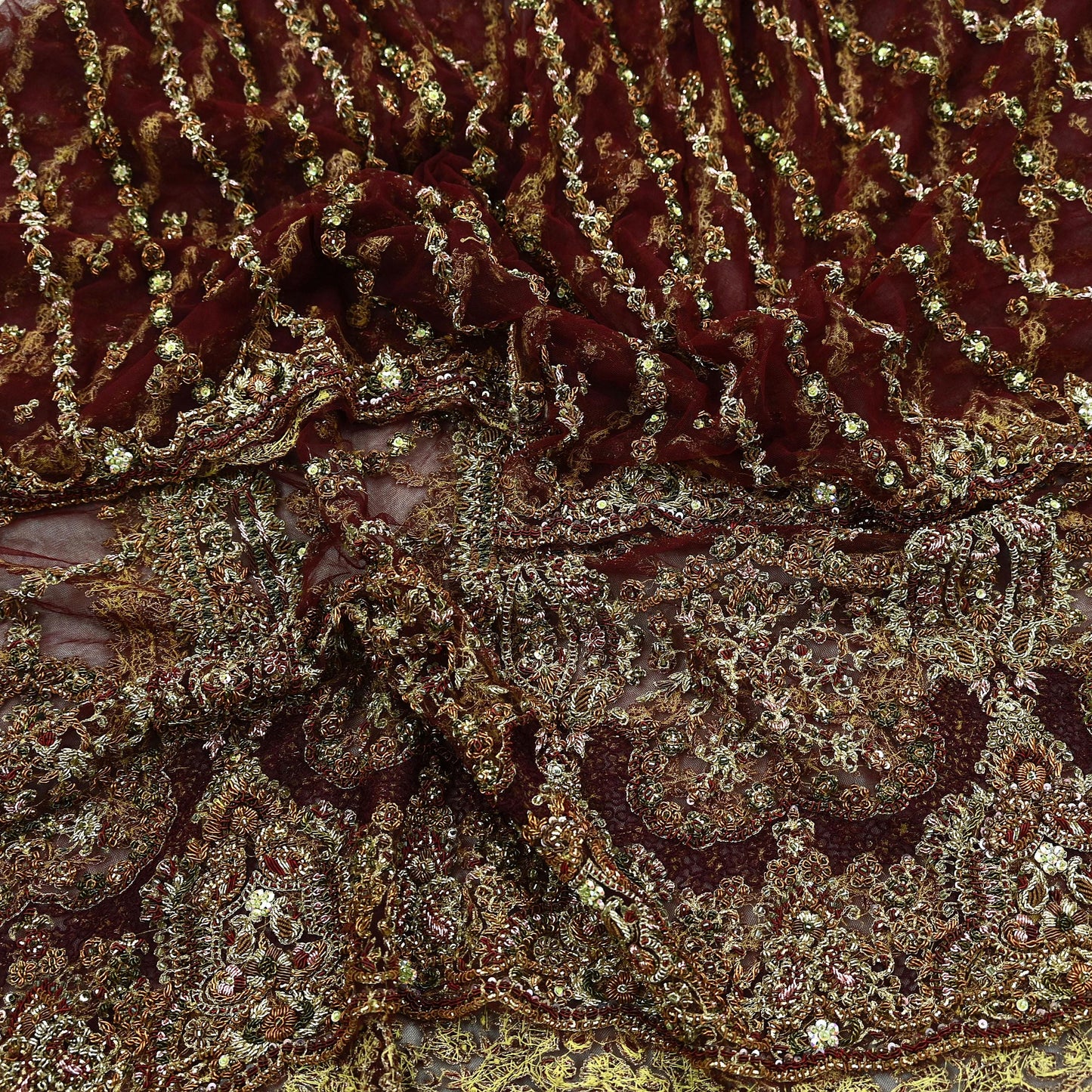 Indian Vintage Heavy Wedding Maroon Dupatta Net Mesh Long Stole Hand Embroidered Scarves Golden Zardozi Zari Sequins Dridal Veil Hijab
