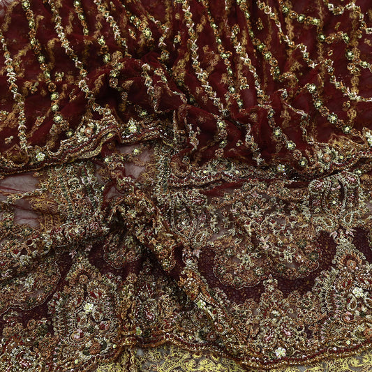 Indian Vintage Heavy Wedding Maroon Dupatta Net Mesh Long Stole Hand Embroidered Scarves Golden Zardozi Zari Sequins Dridal Veil Hijab