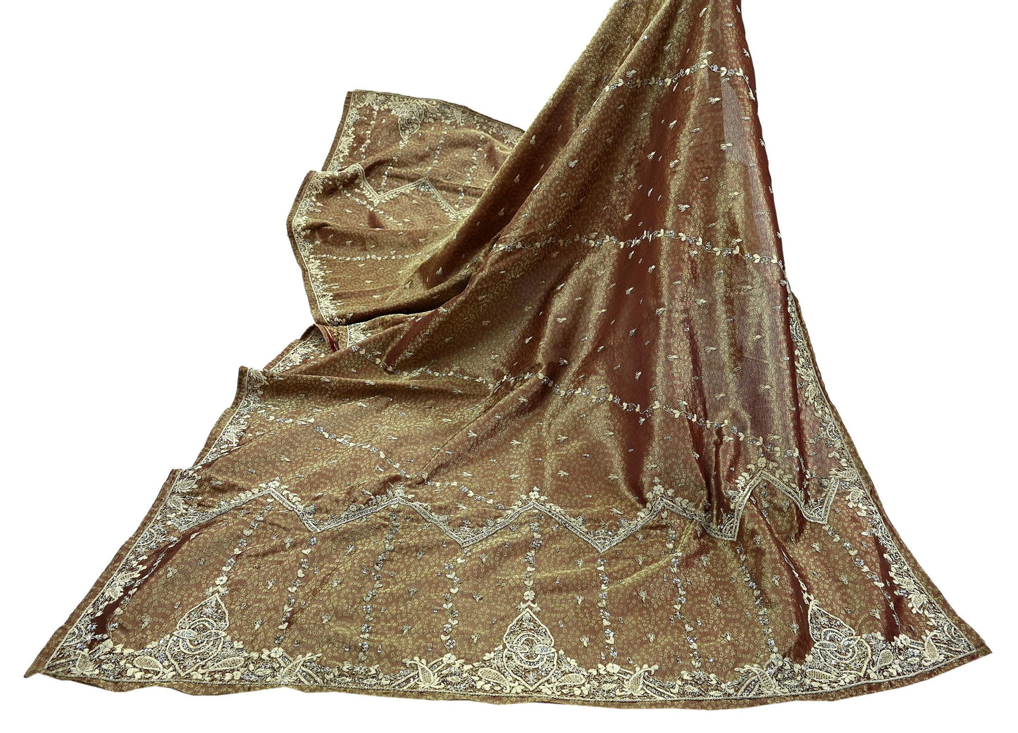 Indian Vintage Heavy Bridal Dupatta Golden Maroon Pure Tissue Silk Long Stole Hand Embroidered Scarves Zari Zardozi/Dabka Wedding Hijab
