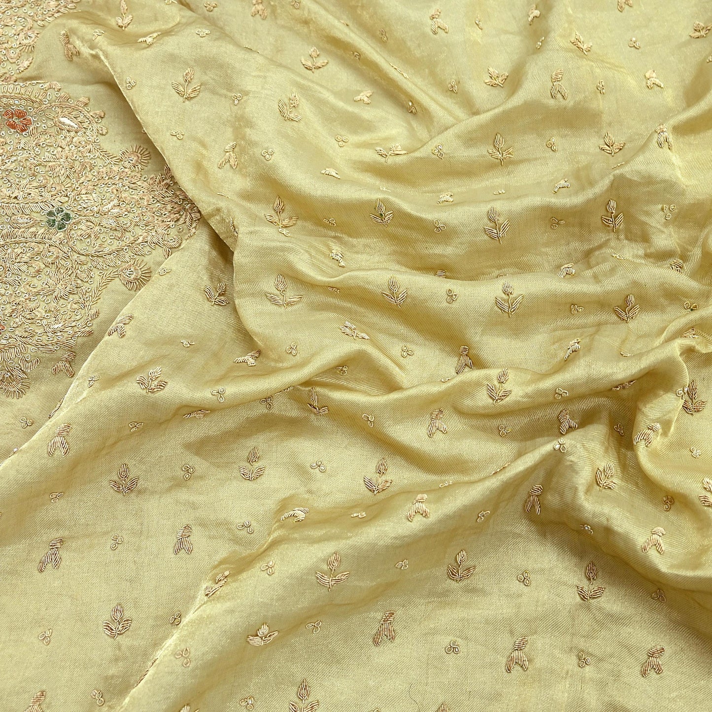 Indian Vintage Heavy Golden Dupatta Pure Tissue Silk Long Stole Hand Embroidered Scarves Zari Zardozi/Dabka