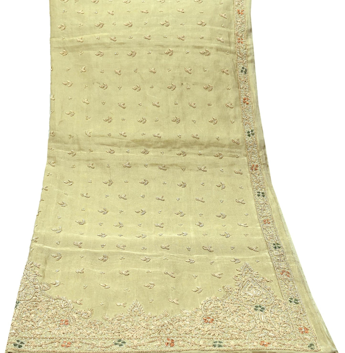 Indian Vintage Heavy Golden Dupatta Pure Tissue Silk Long Stole Hand Embroidered Scarves Zari Zardozi/Dabka