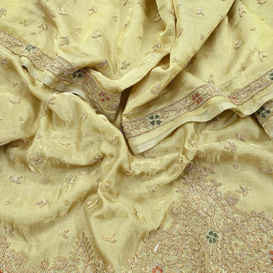 Indian Vintage Heavy Golden Dupatta Pure Tissue Silk Long Stole Hand Embroidered Scarves Zari Zardozi/Dabka