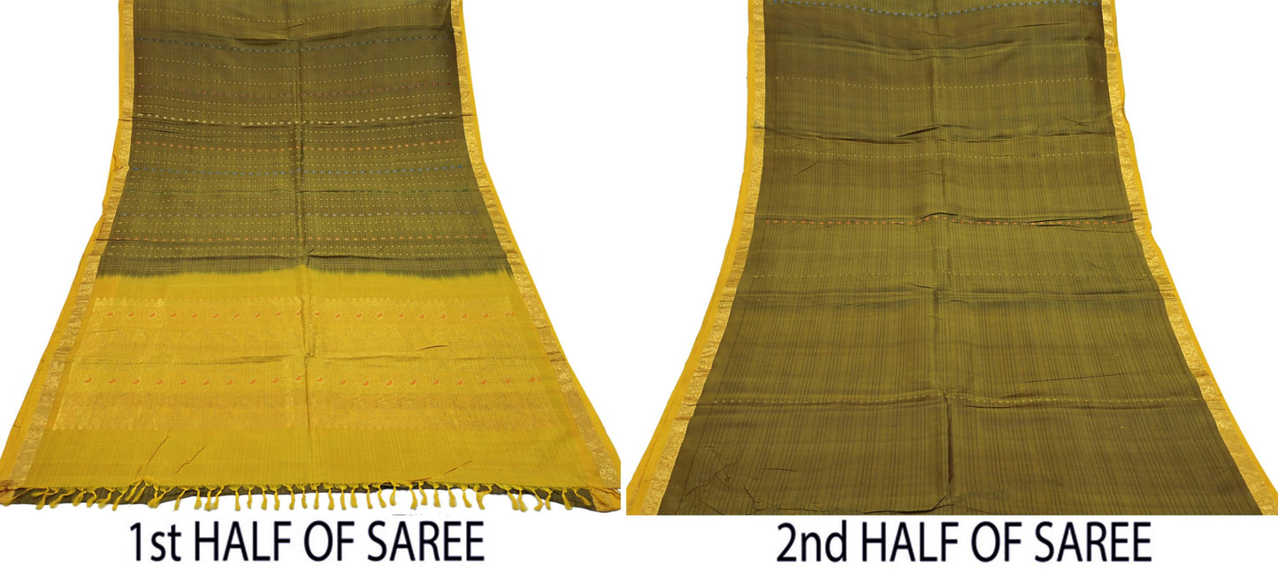 Indian Vintage Heavy Sari Green & Yellow Kanjivaram Saree 100% Pure Silk Zari 5Yd Crafting Dress making For Crafting Quilting Upcycle