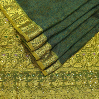 Indian Vintage Heavy Green Kanjivaram Saree 100% Pure Silk Sari Zari Border 5Yd Craft Fabric Floral Crafting Dress making Bollywood saree