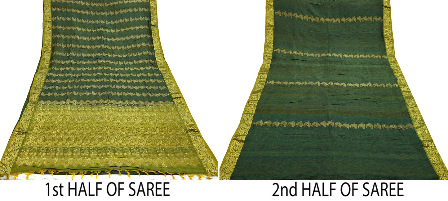 Indian Vintage Heavy Green Kanjivaram Saree 100% Pure Silk Sari Zari Border 5Yd Craft Fabric Floral Crafting Dress making Bollywood saree