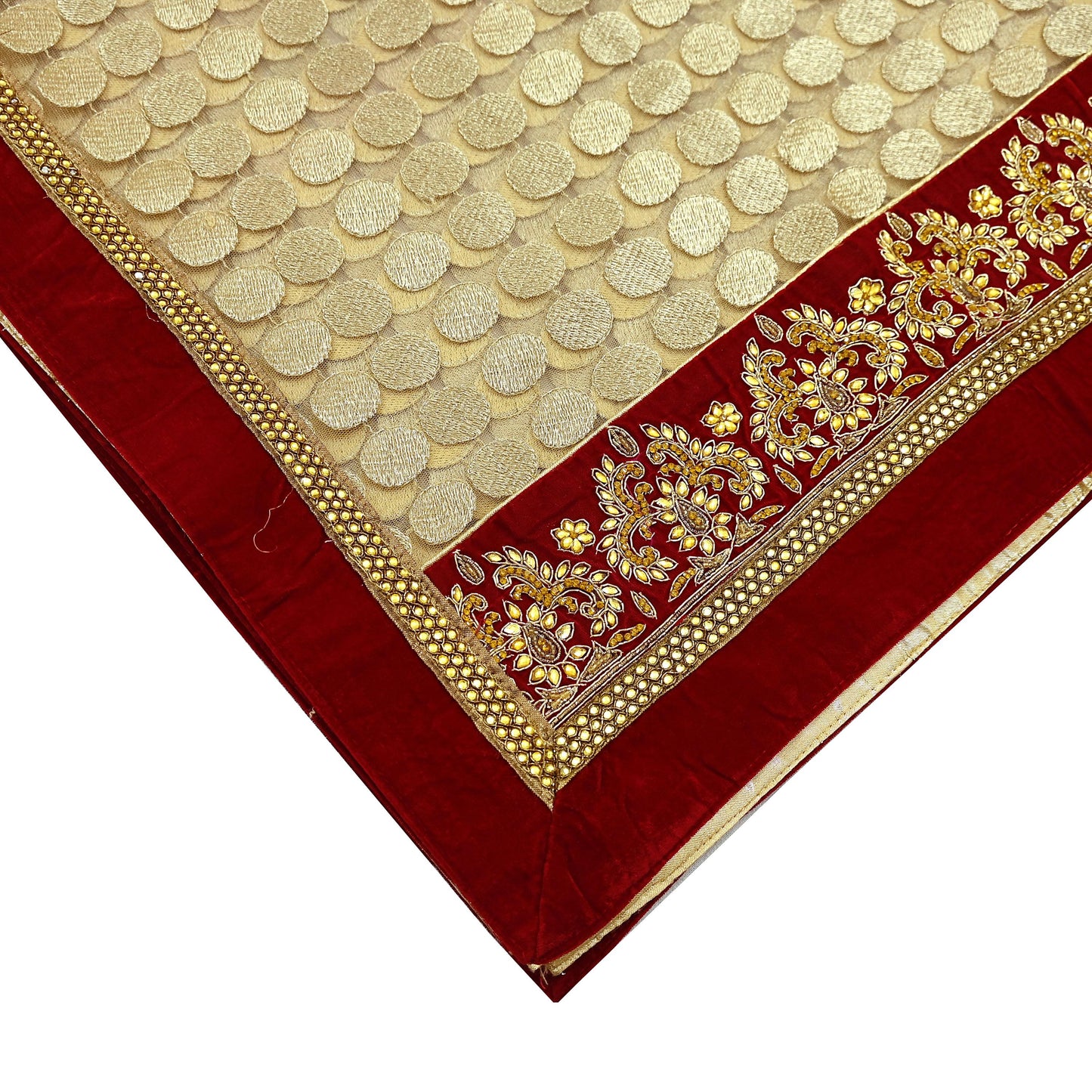 Indian Vintage Heavy Golden Dupatta Net Mesh Long Stole Hand Embroidered Scarves Golden Zardozi Dabka Bridal Veil Hijab Red Velvet Border