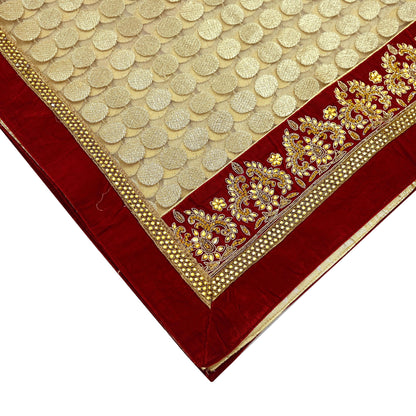 Indian Vintage Heavy Golden Dupatta Net Mesh Long Stole Hand Embroidered Scarves Golden Zardozi Dabka Bridal Veil Hijab Red Velvet Border