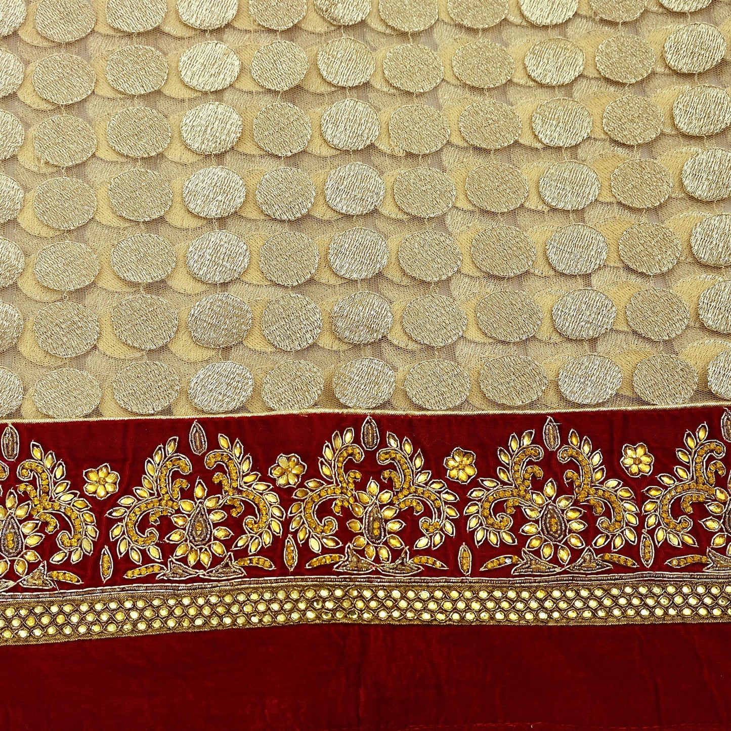 Indian Vintage Heavy Golden Dupatta Net Mesh Long Stole Hand Embroidered Scarves Golden Zardozi Dabka Bridal Veil Hijab Red Velvet Border