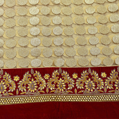 Indian Vintage Heavy Golden Dupatta Net Mesh Long Stole Hand Embroidered Scarves Golden Zardozi Dabka Bridal Veil Hijab Red Velvet Border