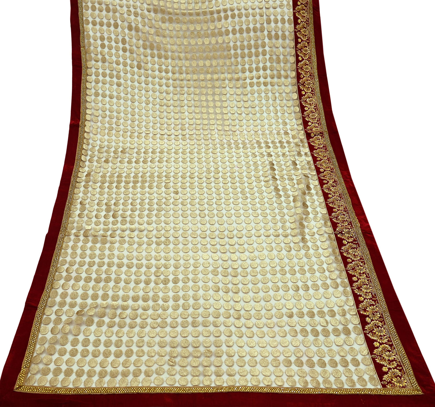 Indian Vintage Heavy Golden Dupatta Net Mesh Long Stole Hand Embroidered Scarves Golden Zardozi Dabka Bridal Veil Hijab Red Velvet Border
