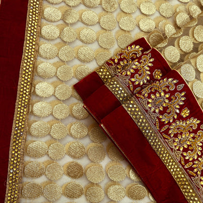 Indian Vintage Heavy Golden Dupatta Net Mesh Long Stole Hand Embroidered Scarves Golden Zardozi Dabka Bridal Veil Hijab Red Velvet Border